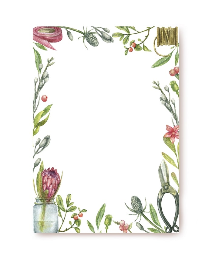 Watercolor letter paper bordered with a protea in a jar, garden shears, twine, and pink ribbon