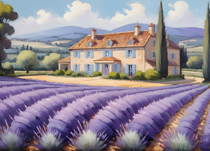 Stone Provence manor with blue shutters overlooking rows of purple lavender and cypress trees