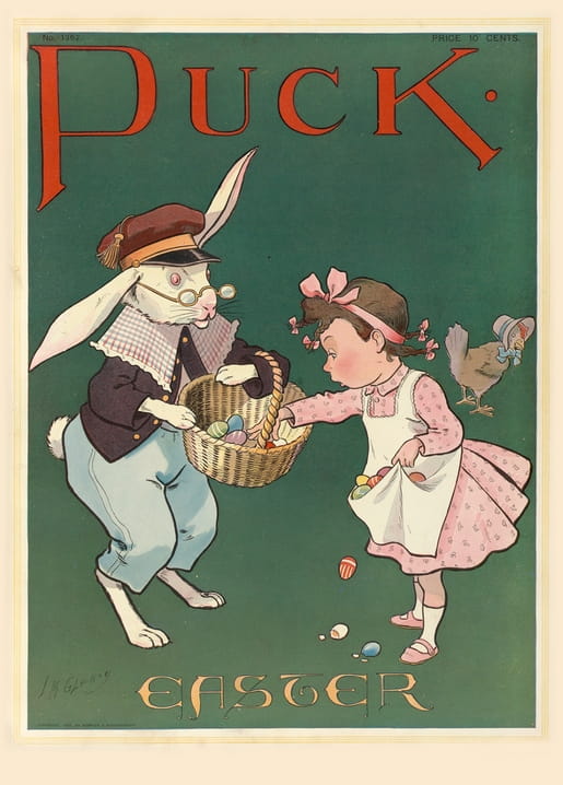 Titelbild des Magazins 'Puck': Hase im Gehrock schenkt einem Mädchen einen Korb Eier