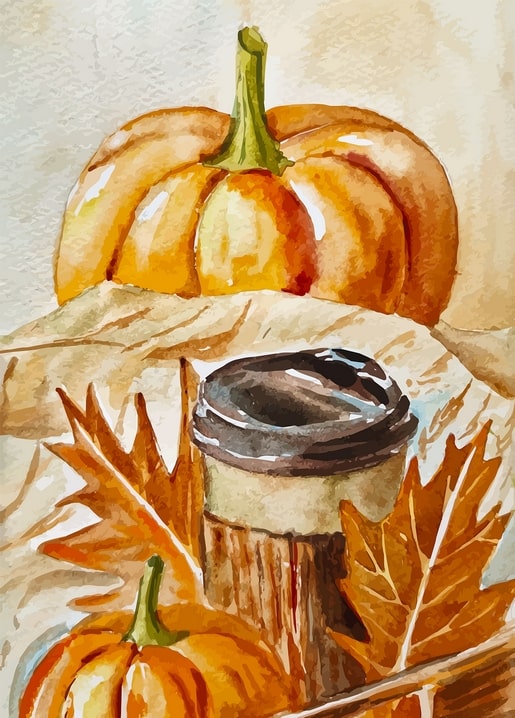Watercolor still life of a pumpkin and a paper coffee cup among autumn leaves