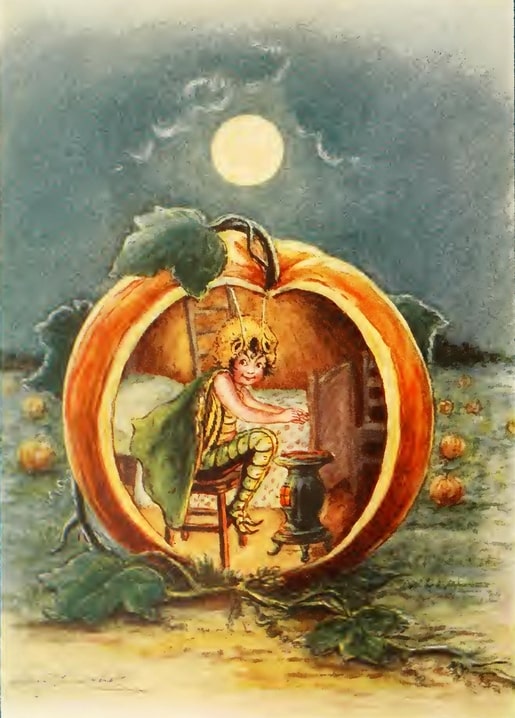 Illustration of a pumpkin elf inside a carved jack-o'-lantern under a full moon