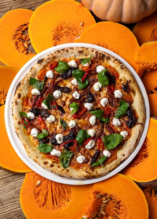 Ofenpizza mit Mozzarella und Chili umgeben von Kürbisscheiben