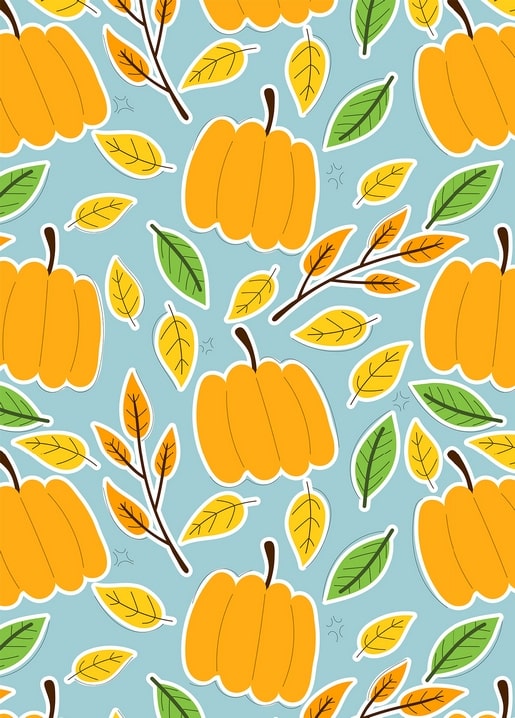 Seamless pattern of orange pumpkins and autumn leaves on a light blue background