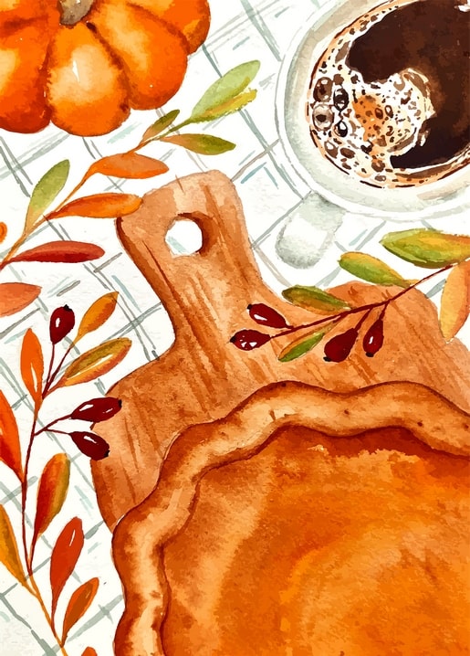 Watercolor illustration of pumpkin pie, coffee and autumn berries on a wooden board and checked cloth