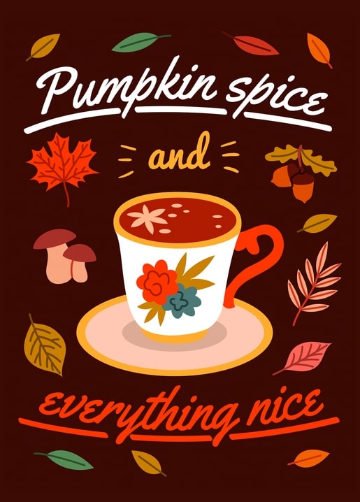 Illustrated postcard of a floral teacup with pumpkin spice latte among autumn leaves and acorns