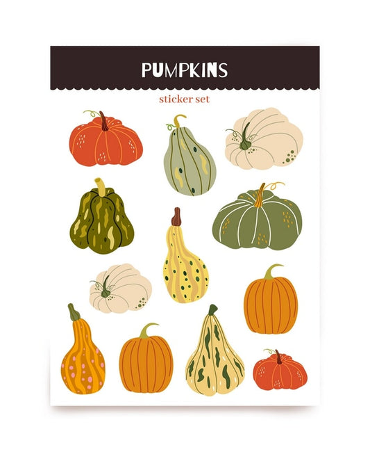 A6-Stickerbogen 'Pumpkins' mit zwölf illustrierten Kürbissen in Orange, Grün und Creme