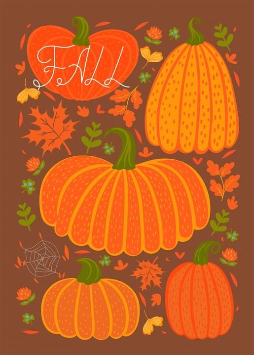 Orange pumpkins, autumn leaves and a cobweb frame the hand-lettered word FALL