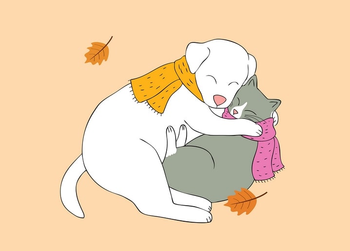 White puppy hugging a gray cat as autumn leaves fall