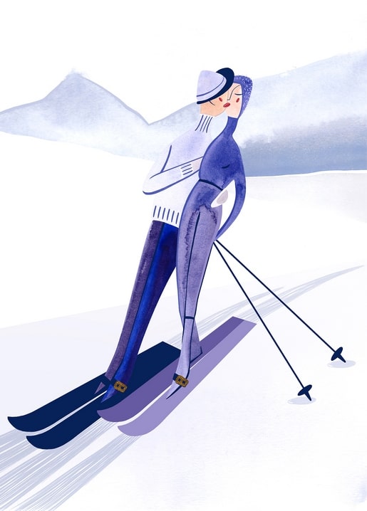 Illustration einer Langläuferin in violetten Aquarelltönen vor Bergen