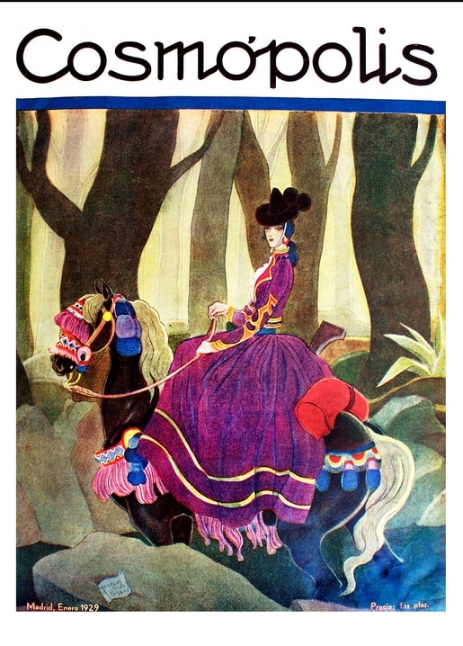 Illustration of a woman in a purple riding habit on horseback in a forest, Cosmópolis magazine cover, 1929