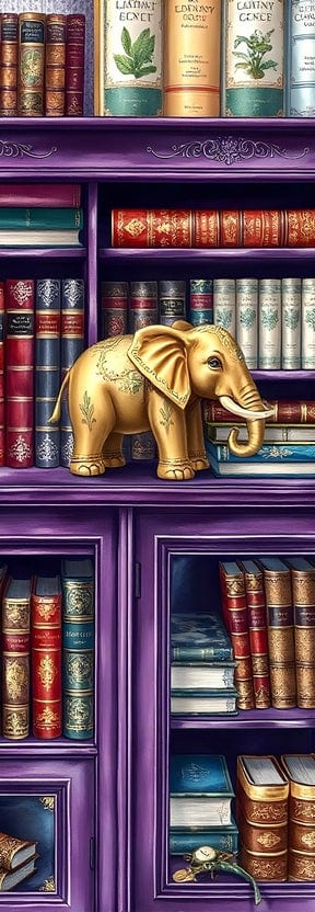Ілюстрація закладки: золота фігурка слона на фіолетовій книжковій полиці