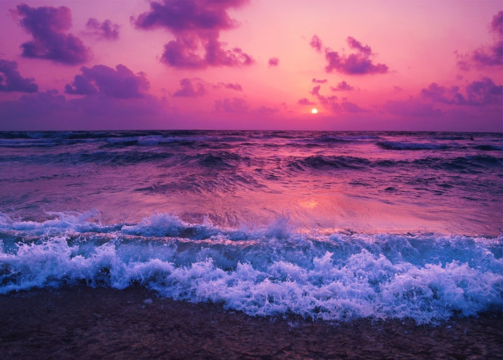 Violet-pink sunset over ocean waves crashing on the shore