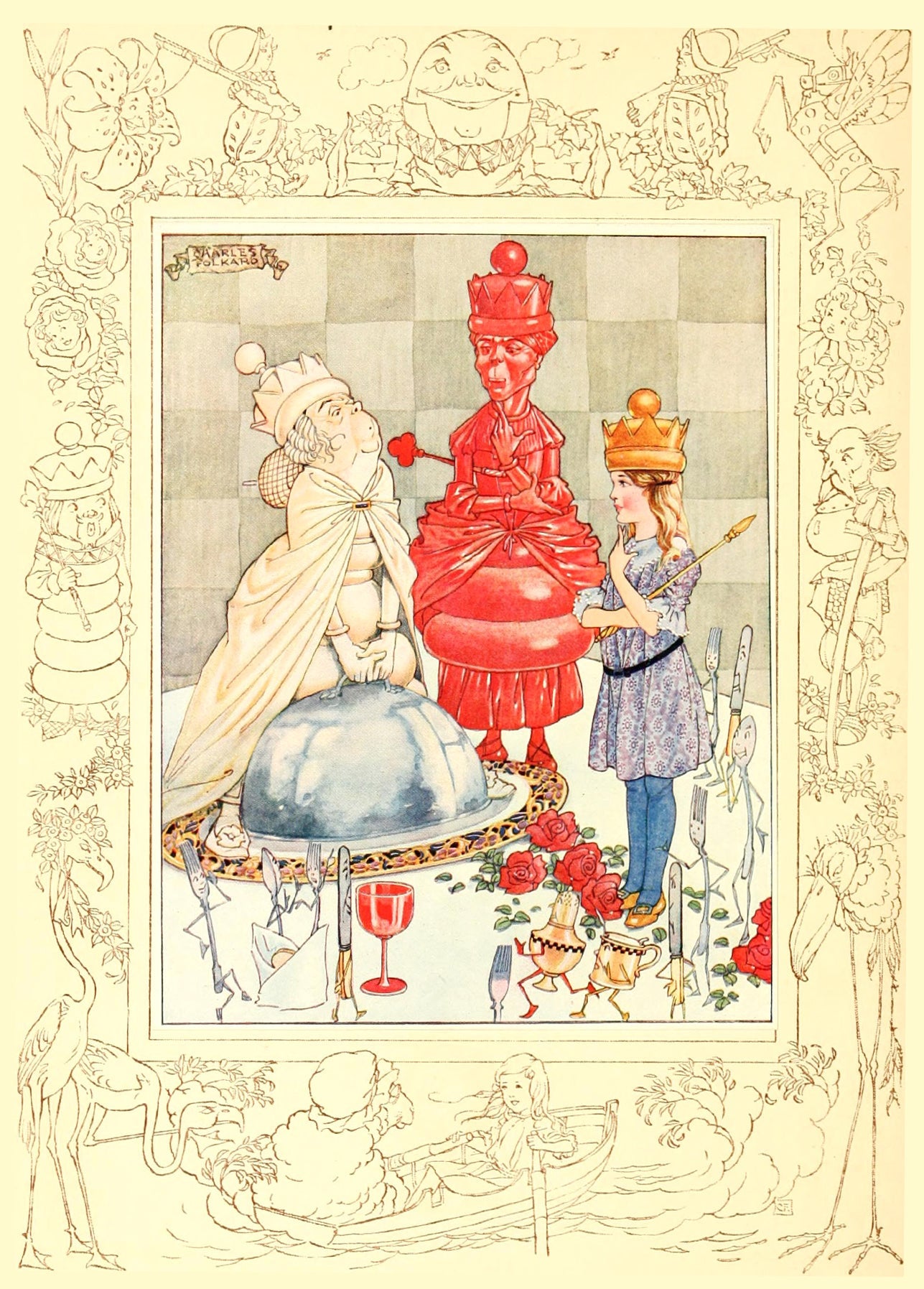 Charles Folkard illustration of Alice crowned as queen at a banquet with the Red Queen, from Through the Looking-Glass