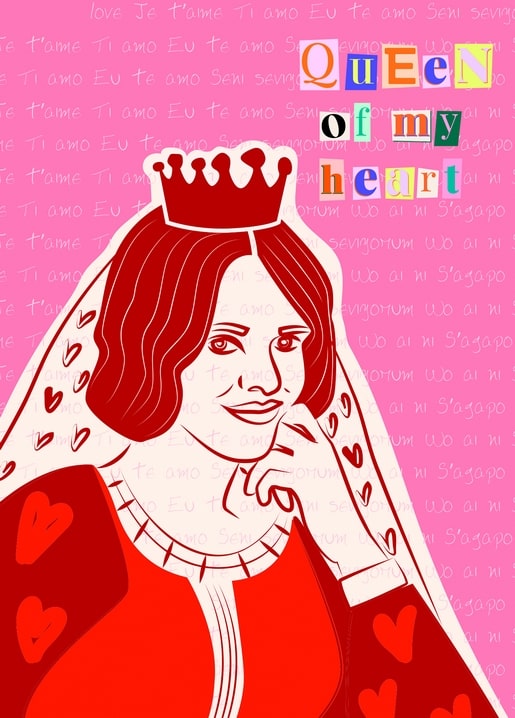 Pop-art queen in a crown and heart-patterned veil with 'Queen of My Heart' in cut-out letters