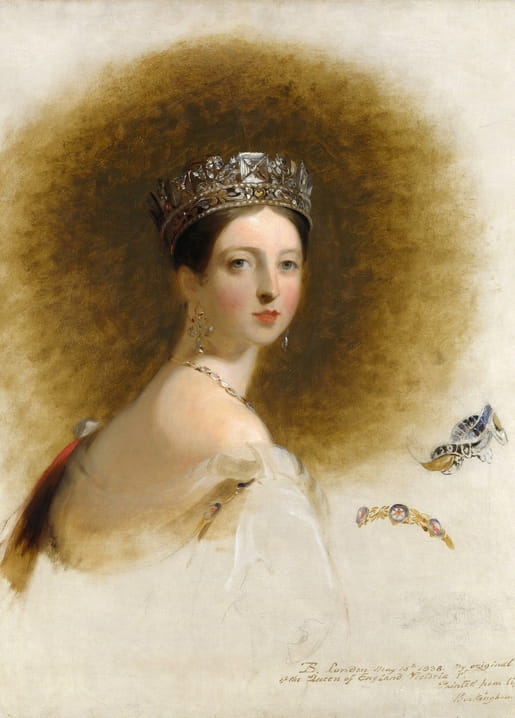 Portrait of young Queen Victoria wearing a jeweled crown, pearl earrings, and an off-shoulder white gown.