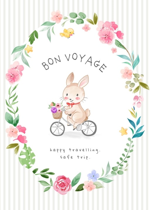 Rabbit riding a bicycle with a flower basket inside a floral wreath frame, watercolor illustration