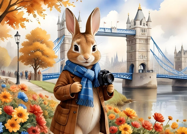 Illustrated rabbit tourist with a camera standing before Tower Bridge in autumn