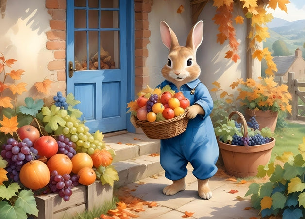 Rabbit in blue overalls carrying a basket of apples, plums and grapes at a blue door