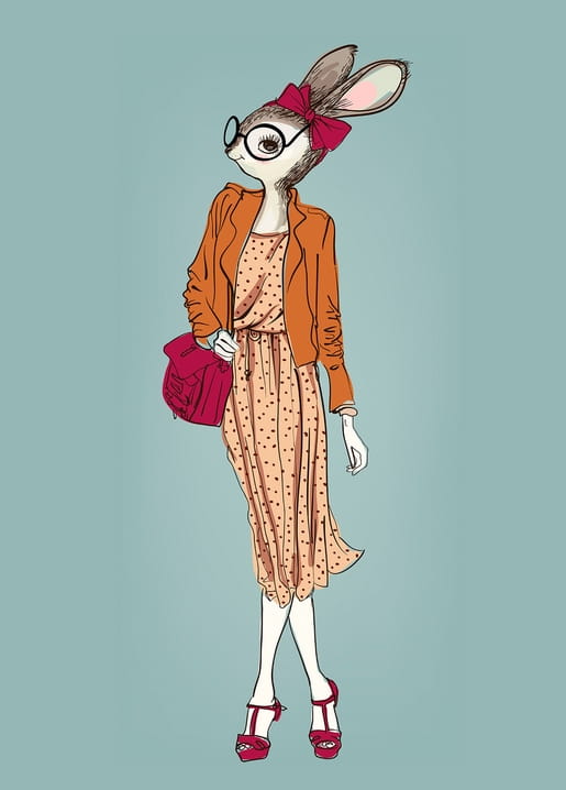 Modeillustration eines Kaninchens im Punktekleid mit roter Schleife und Brille