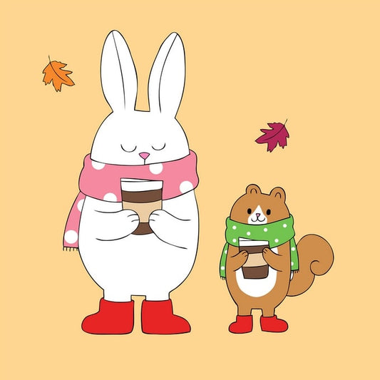 Illustrated rabbit and squirrel in scarves and red boots holding coffee cups among falling leaves