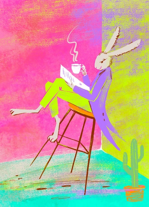 Illustration eines Kaninchens im Anzug, das Kaffee trinkt und Zeitung liest auf einem Barhocker