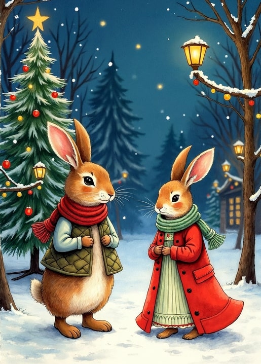 illustration rabbit Peter Christmas day postcard