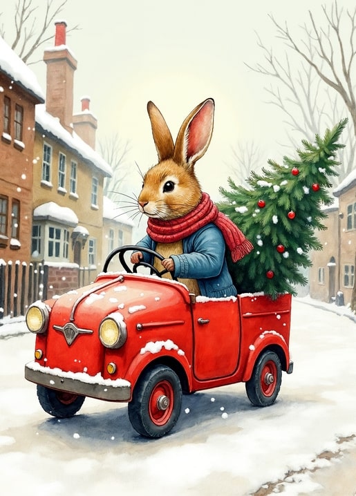 illustration rabbit Peter Christmas day postcard