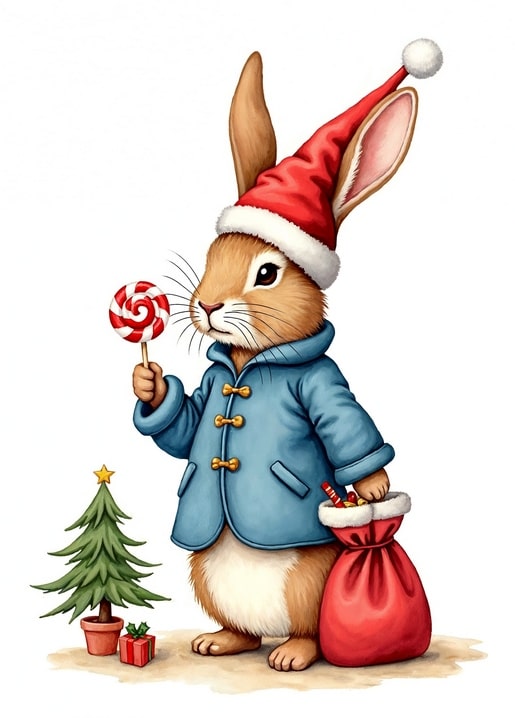 illustration rabbit Peter Christmas day postcard