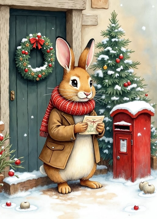 illustration rabbit Peter Christmas day postcard