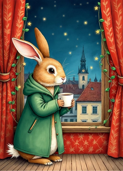 illustration rabbit Peter Christmas day postcard