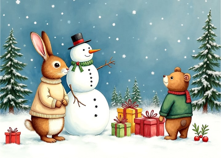 illustration rabbit Peter Christmas day postcard