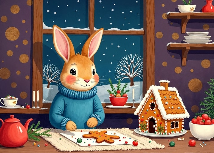 illustration rabbit Peter Christmas day postcard