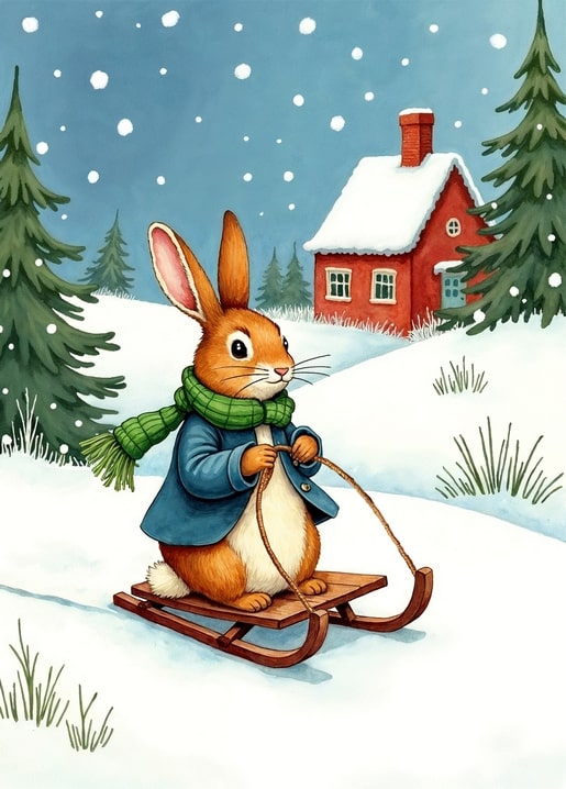 illustration rabbit Peter Christmas day postcard