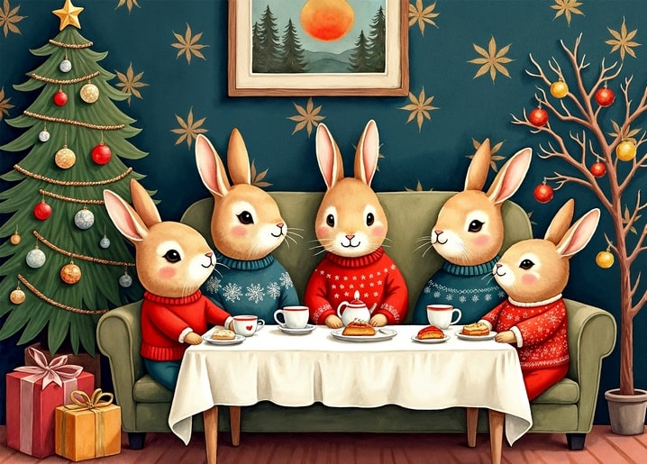 illustration rabbit Peter Christmas day postcard