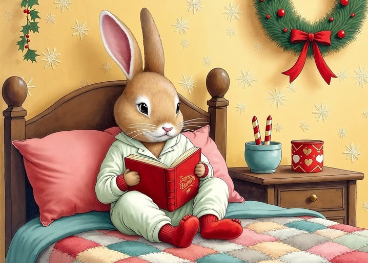 illustration rabbit Peter Christmas day postcard