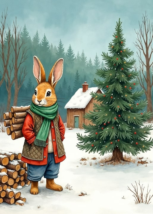 illustration rabbit Peter Christmas day postcard