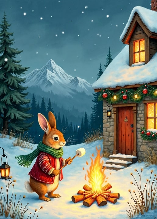 illustration rabbit Peter Christmas day postcard