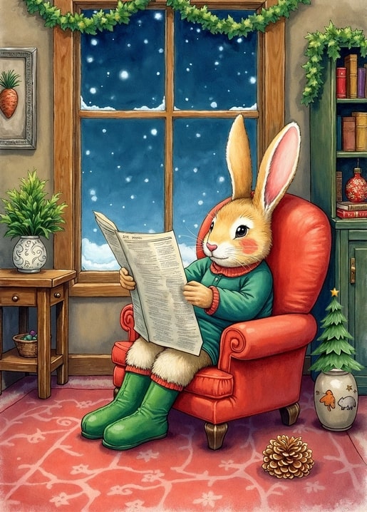 illustration rabbit Peter Christmas day postcard