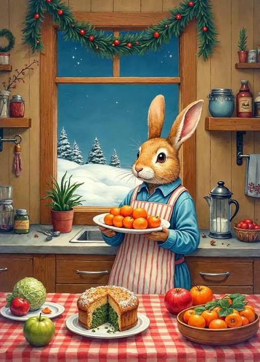 illustration rabbit Peter Christmas day postcard