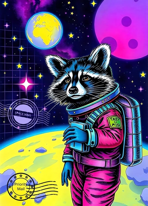 Illustrierter Waschbär-Astronaut über dem Mond mit Erde und violettem Planeten im Hintergrund