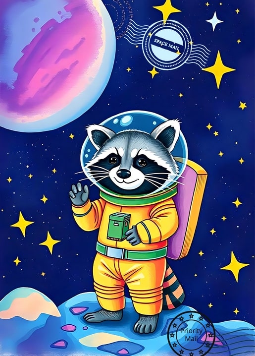 Waschbär-Astronaut im gelben Raumanzug winkt auf einem fremden Planeten