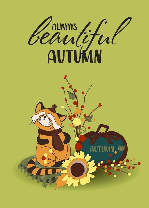 Illustrated raccoon in a scarf beside an autumn bouquet and a teal suitcase