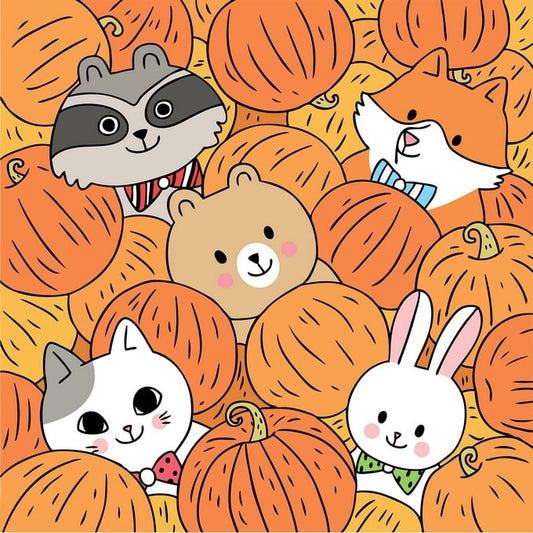 Raccoon, bear, fox, cat and rabbit peeking out of a pile of orange pumpkins
