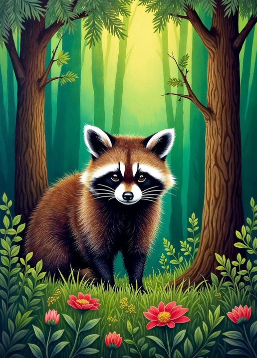 Illustrierter Waschbär zwischen rosa Blumen am Waldrand, Kunst von AnniKa