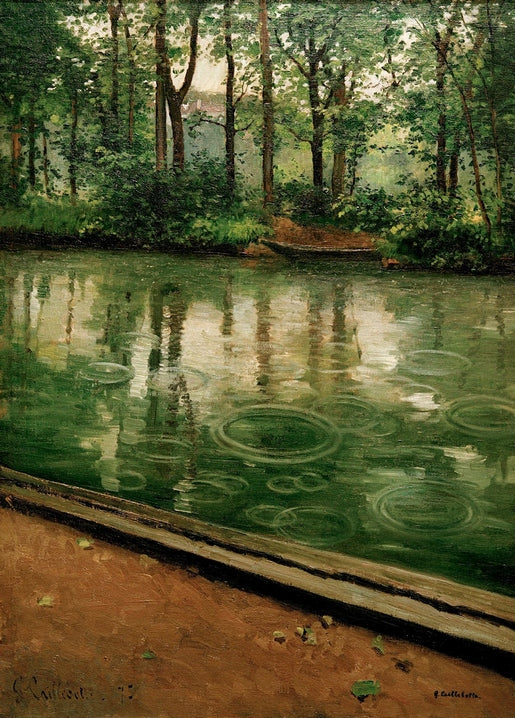 Concentric rain ripples spreading across a green forest river beside a wooden plank, Caillebotte painting