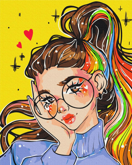 Pop-Art-Malen-nach-Zahlen-Porträt eines Mädchens mit Regenbogen-Pferdeschwanz und Brille