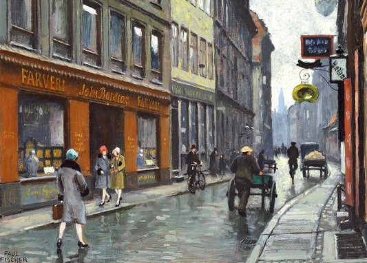 Regennasse Kopenhagener Straße mit Radfahrern und Handkarren vor der Färberei Barding