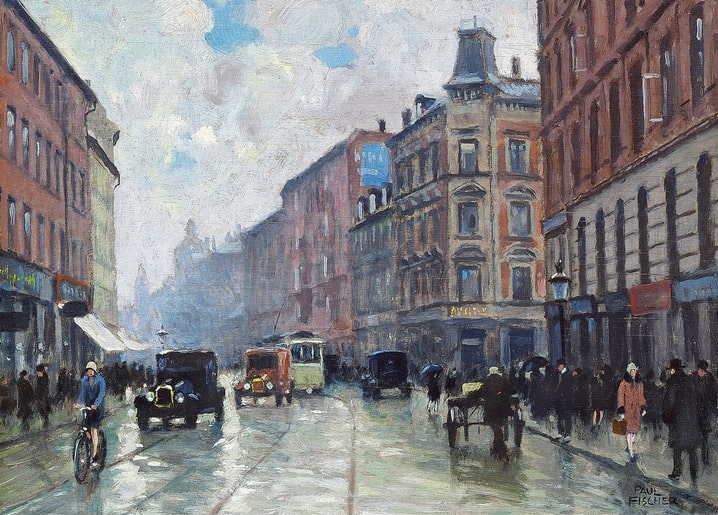 Regennasse Kopenhagener Straßenecke mit Straßenbahn, Autos und Schirmen, Gemälde von Paul Fischer