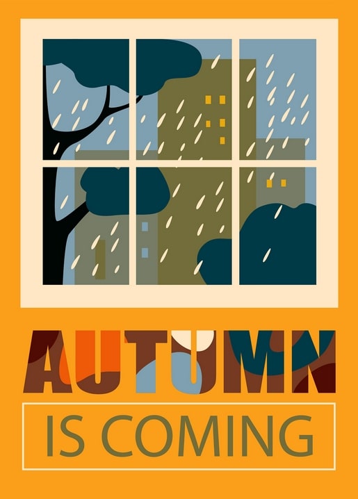 Ілюстрація дощового вікна з деревом і міськими будинками, напис «Autumn is coming»