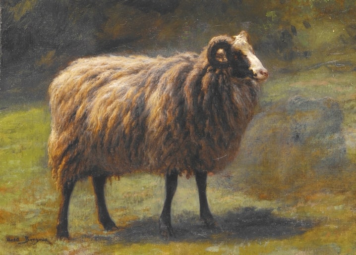 Oil painting of a shaggy long-horned ram standing in a sunlit autumn pasture
